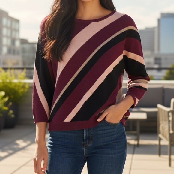 TanJay Wide Striped Metallic Purple 3/4 Sleeve Sweater Size M - Picture 1 of 12